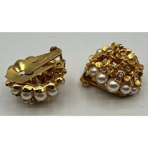 Vintage Carnegie Clip-On Pearl Rhinestone Floral Earrings Gold Tone